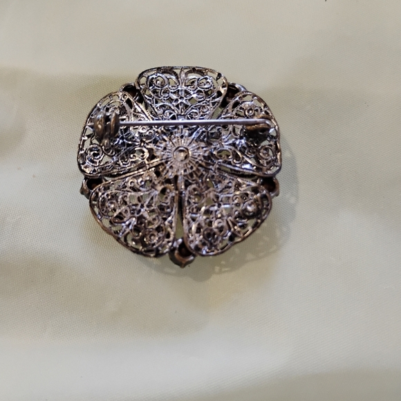 Vintage Blue & Green Rhinestone Silver Tone Hearts Flower Brooch Pin. 1.5" - Picture 3 of 7